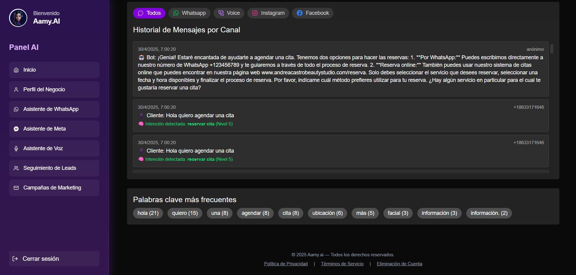 Vista previa del dashboard de Aamy: conversaciones, intención, seguimiento y KPIs